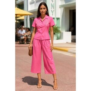 WTG Ladies Club Pink Cotton Loungewear Set 2X Embroidered Tropical Fish Hot Pink